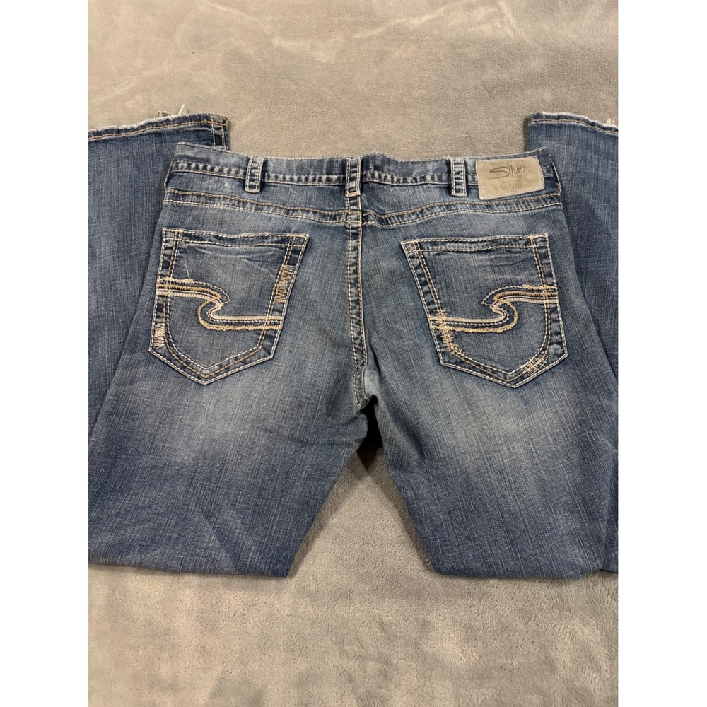 Silver Jeans Co Zac Mens Blue Mid Wash Straight Leg Distressed Denim Jeans 38x34